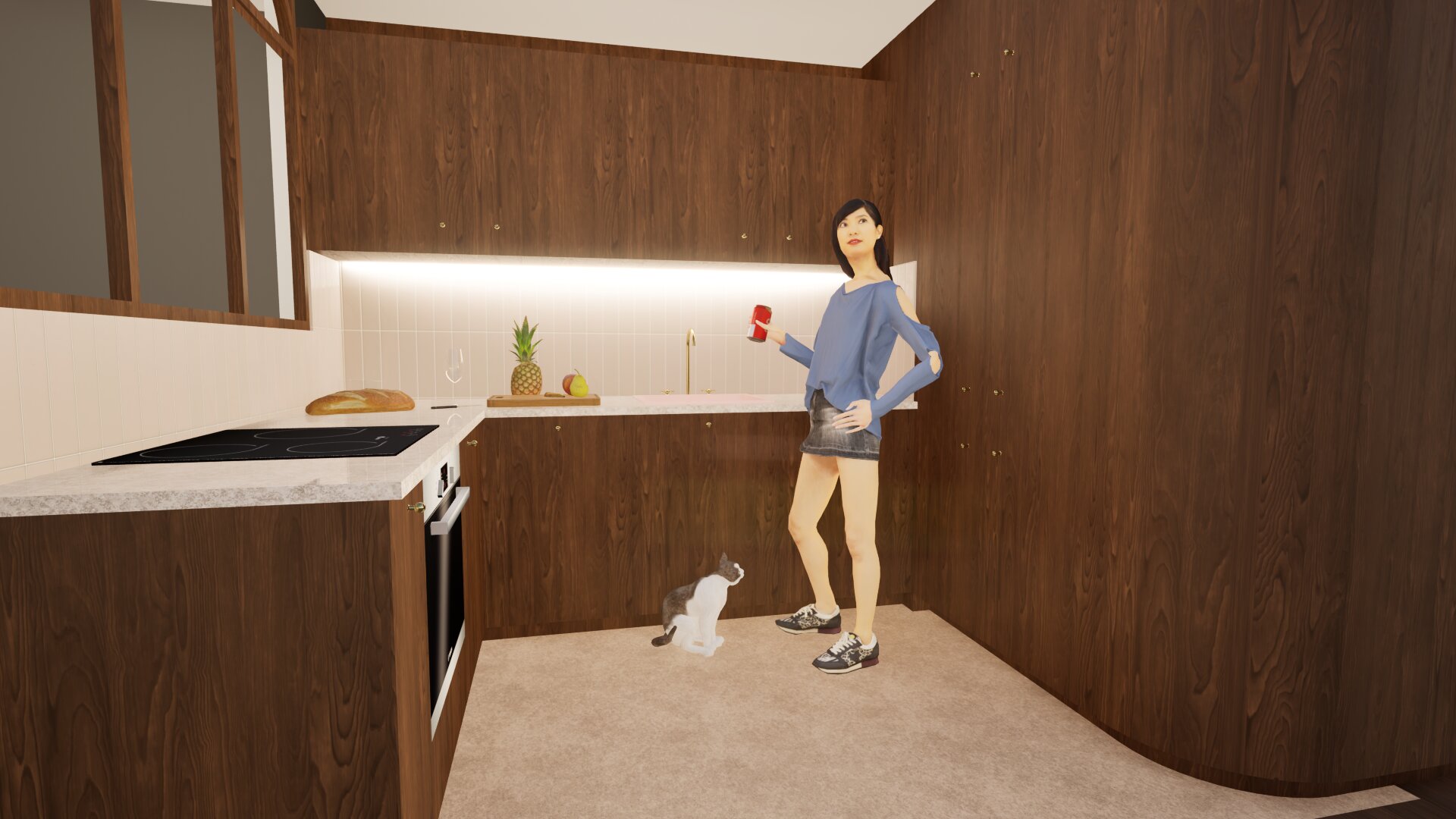 Rendu 3D d'ambiace, rénovation cuisine façade en bois et faïence en crédence, appartement parisien