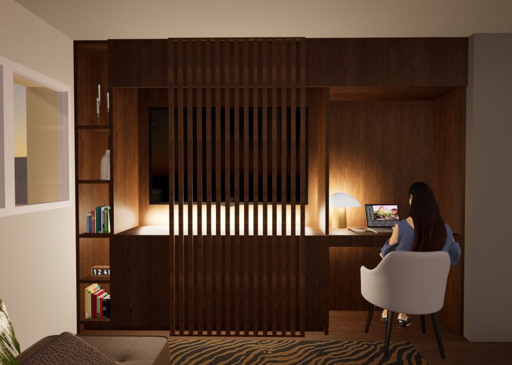 meuble télé et bureau sur-mesure pour salon parisien, vue de nuit