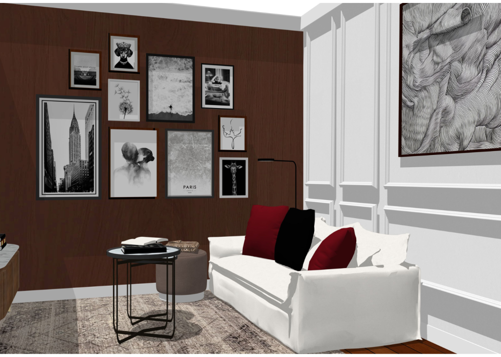 Esquisse 3D en collabration influence, salon d'un appartement parisien